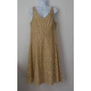 BIYAYCDA Women 16 Beige Gold Fit Flare Floral Lace Dress VNeck Sleeveless Lined
